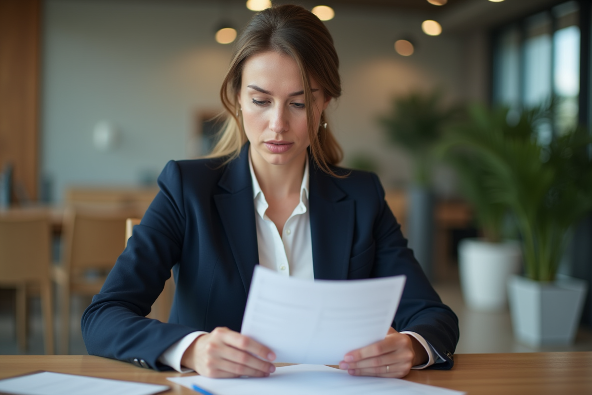 Femme d affaires examinant des documents de prêt immobilier