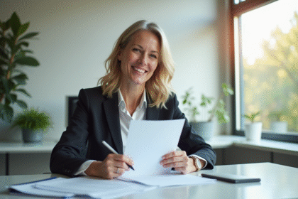 Femme professionnelle souriante lisant des documents au bureau