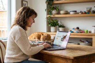 Femme souriante avec chat orange dans une cuisine moderne