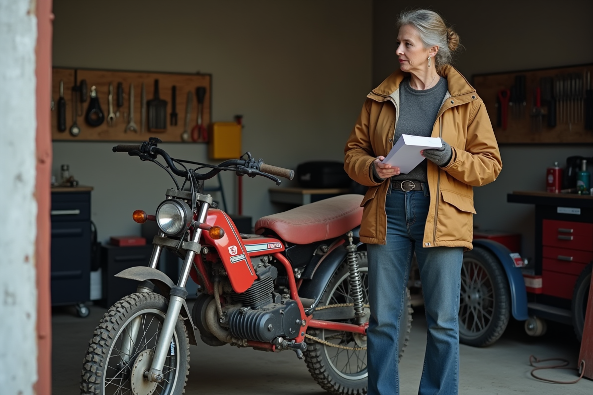 Femme contrôle une moto tout-terrain dans un garage pratique