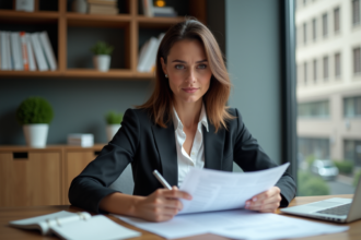 Femme en blazer examine documents de prêt immobilier