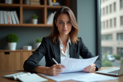 Femme en blazer examine documents de prêt immobilier