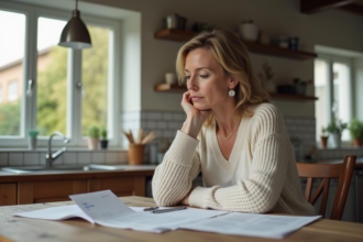 Femme d'âge moyen dans une cuisine lumineuse lit des papiers