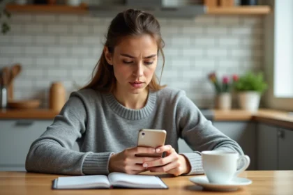 Femme consultant son smartphone Android avec une expression préoccupée, se demandant si ses SMS sont bloqués