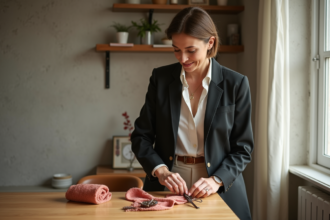 Femme élégante en blazer arrangeant une echarpe en intérieur