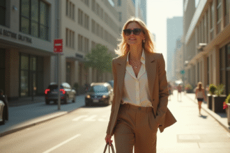 Femme élégante marchant dans la ville en blazer