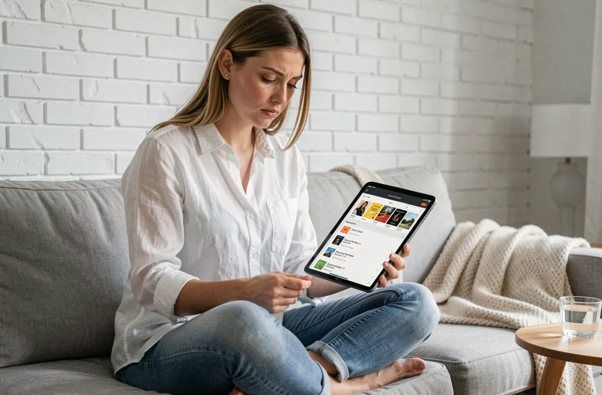 Jeune femme lisant des options de téléchargement d'ebooks sur une tablette avec prudence