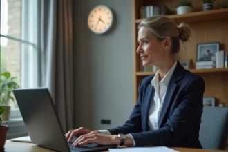 Femme professionnelle en télétravail gérant un appel vidéo avec décalage horaire Washington depuis son bureau parisien