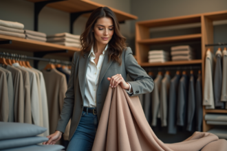 Femme touchant un tissu en laine dans une boutique