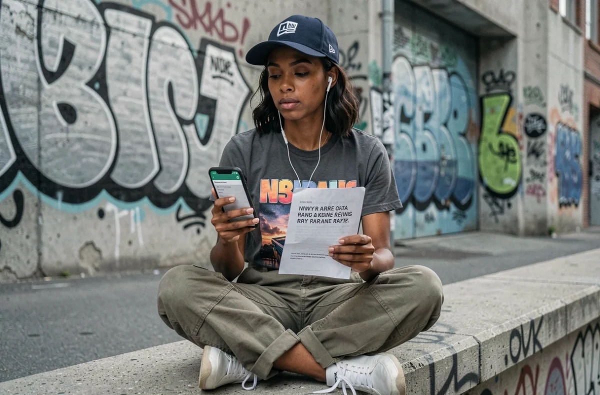 Jeune femme en milieu urbain consultant une application de traduction pour comprendre le vocabulaire rap banger