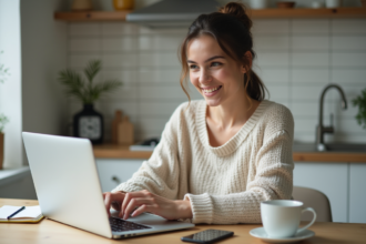 Jeune femme souriante travaillant sur un laptop dans la cuisine