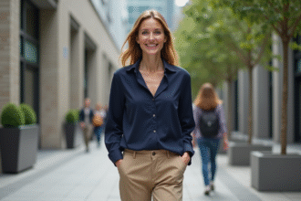 Femme confiante marchant dans une ville moderne