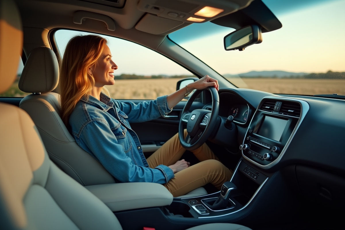 Femme dans une voiture en voyage à la campagne