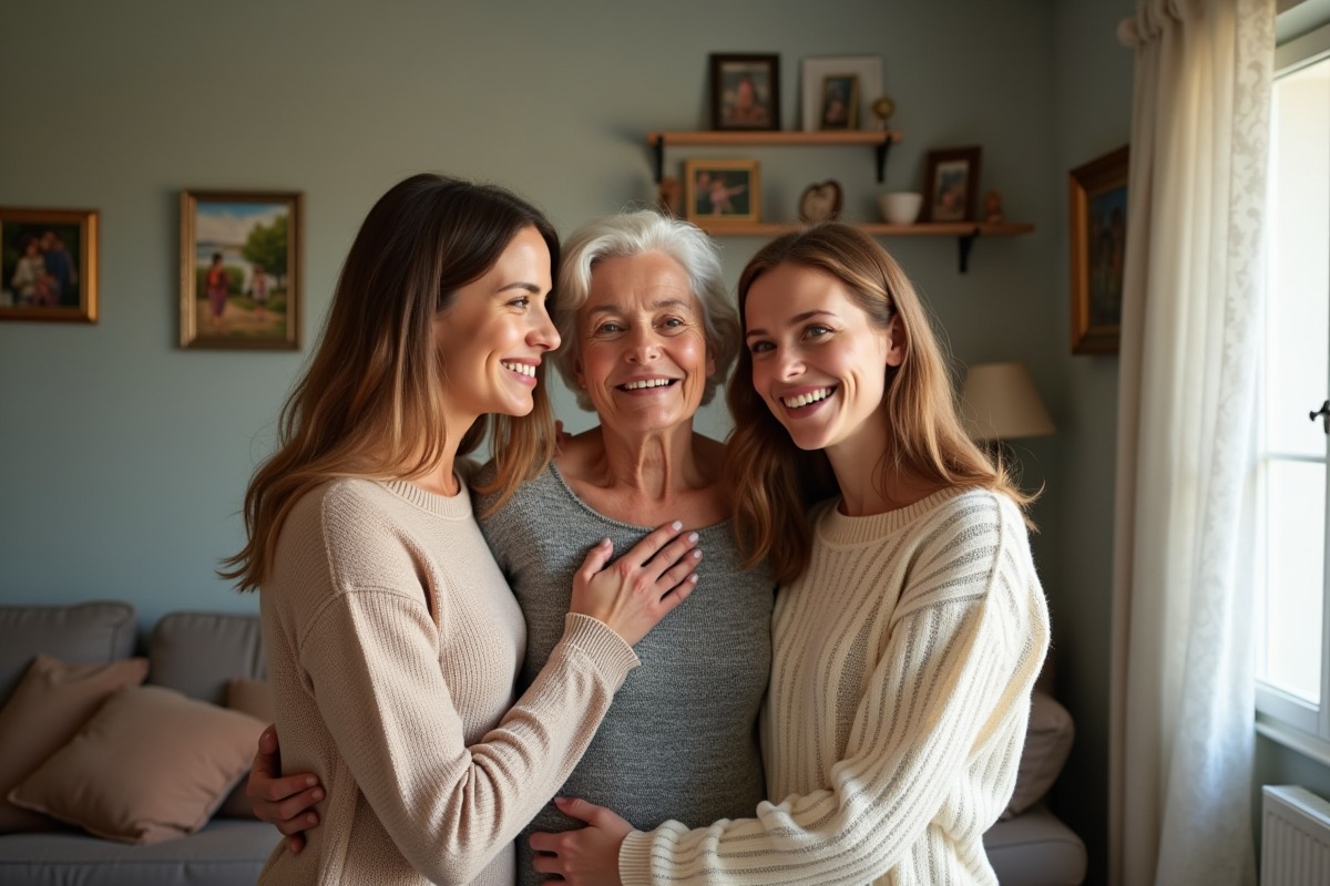 Trois générations de femmes françaises dans un salon lumineux