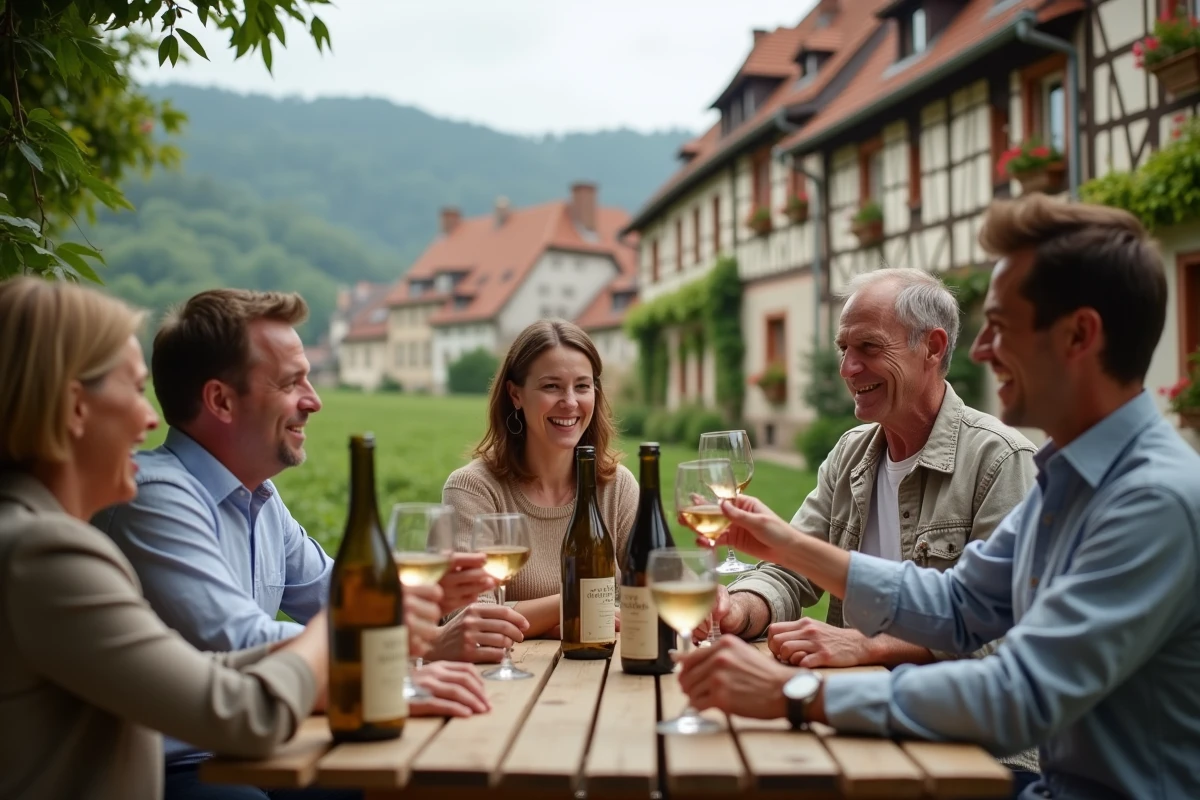 Groupe d'adultes dégustant du vin alsacien lors d'une fête viticole dans un village à colombages entouré de vignes