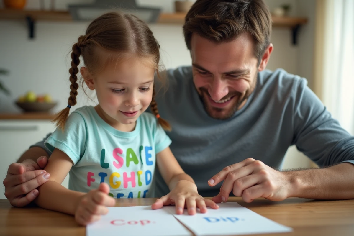 Jeune fille curieuse avec son père à la table