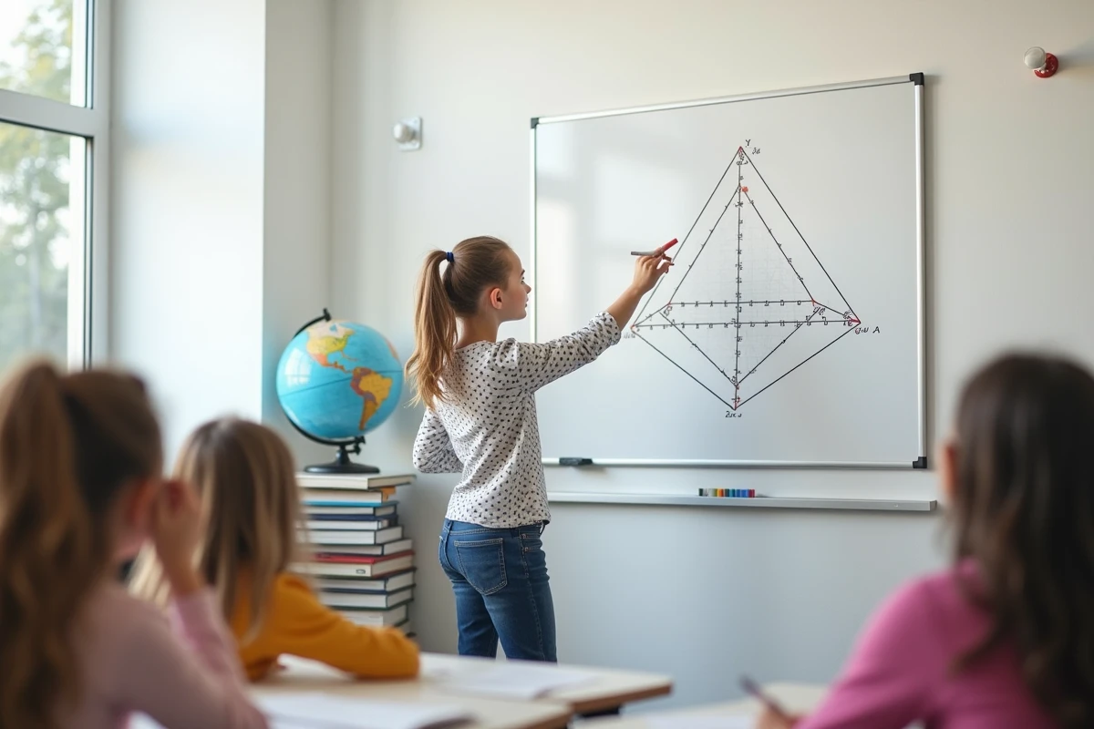 Jeune fille pointant une pyramide dessinée au tableau en classe