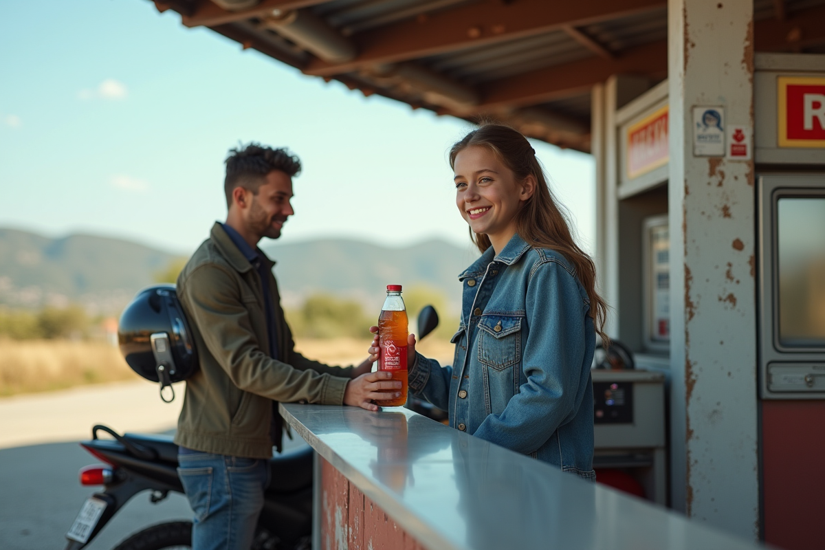 Fille achetant une boisson à la station essence avec moto