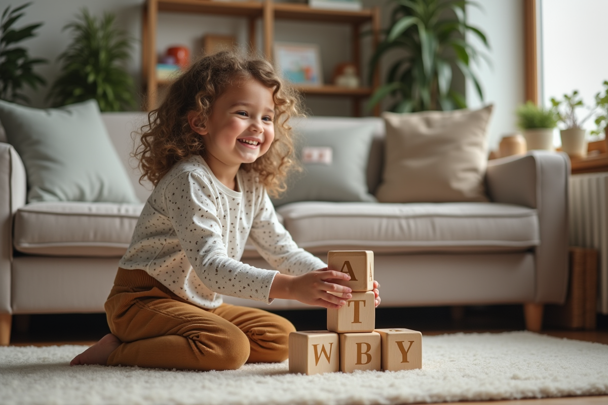 Une fille empile des blocs en bois dans un salon chaleureux
