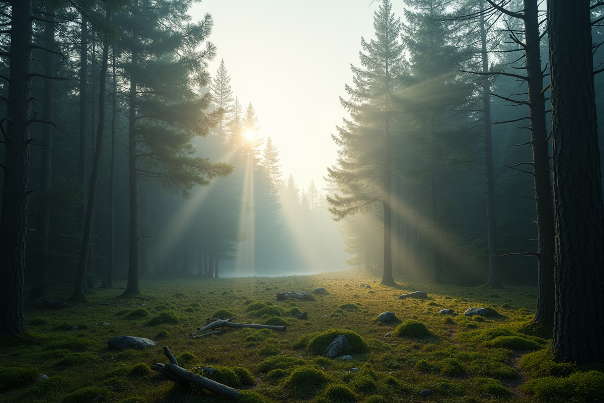 Forêt boréale dense à Terre-Neuve avec brume matinale et soleil