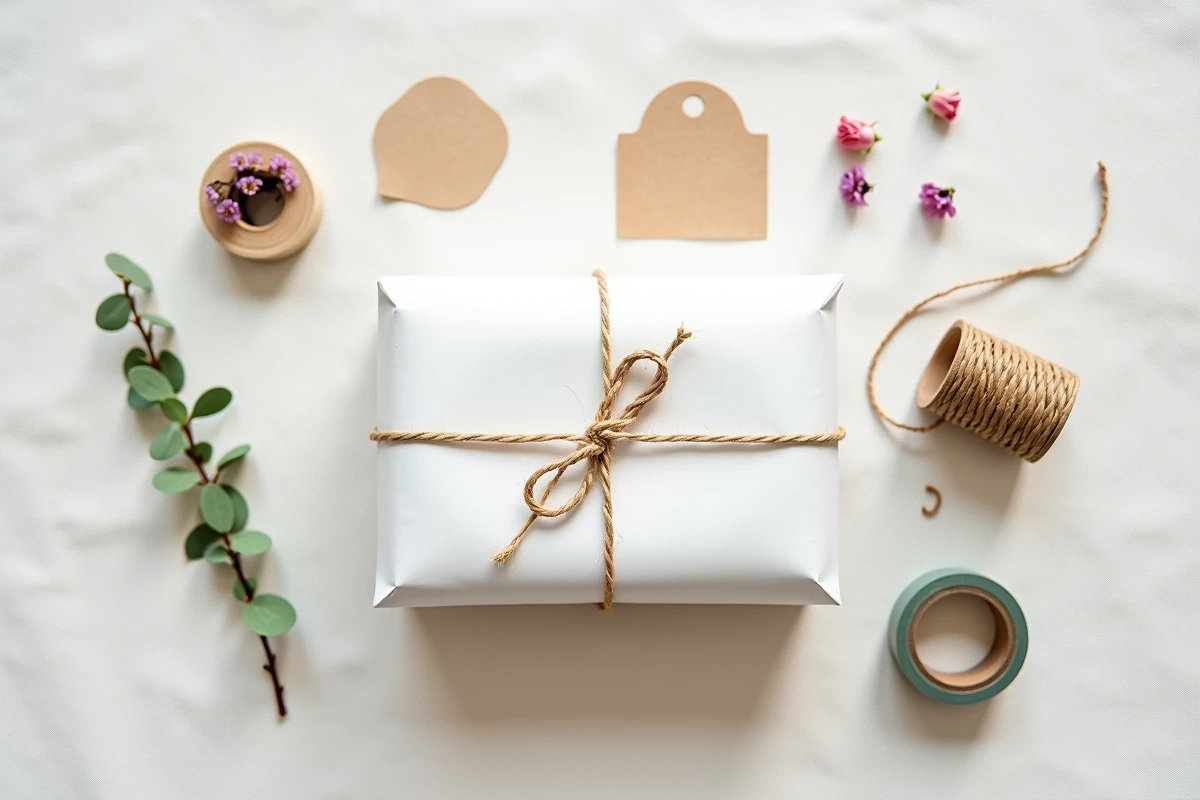 Vue à plat de matériaux d'emballage cadeau économiques pour femme : papier tissu blanc, ficelle, étiquettes kraft et fleurs séchées