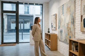 Femme admirant des œuvres d'art contemporain dans une galerie du Haut Marais à Paris aux murs en briques blanches