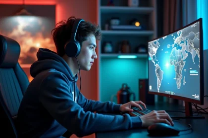 Jeune gamer concentré devant un écran ultrawide avec casque et hoodie