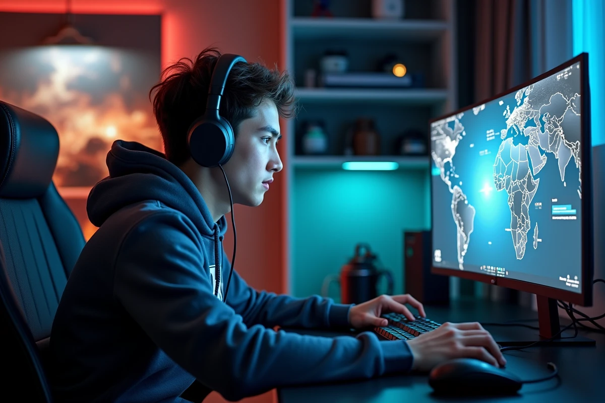 Jeune gamer concentré devant un écran ultrawide avec casque et hoodie