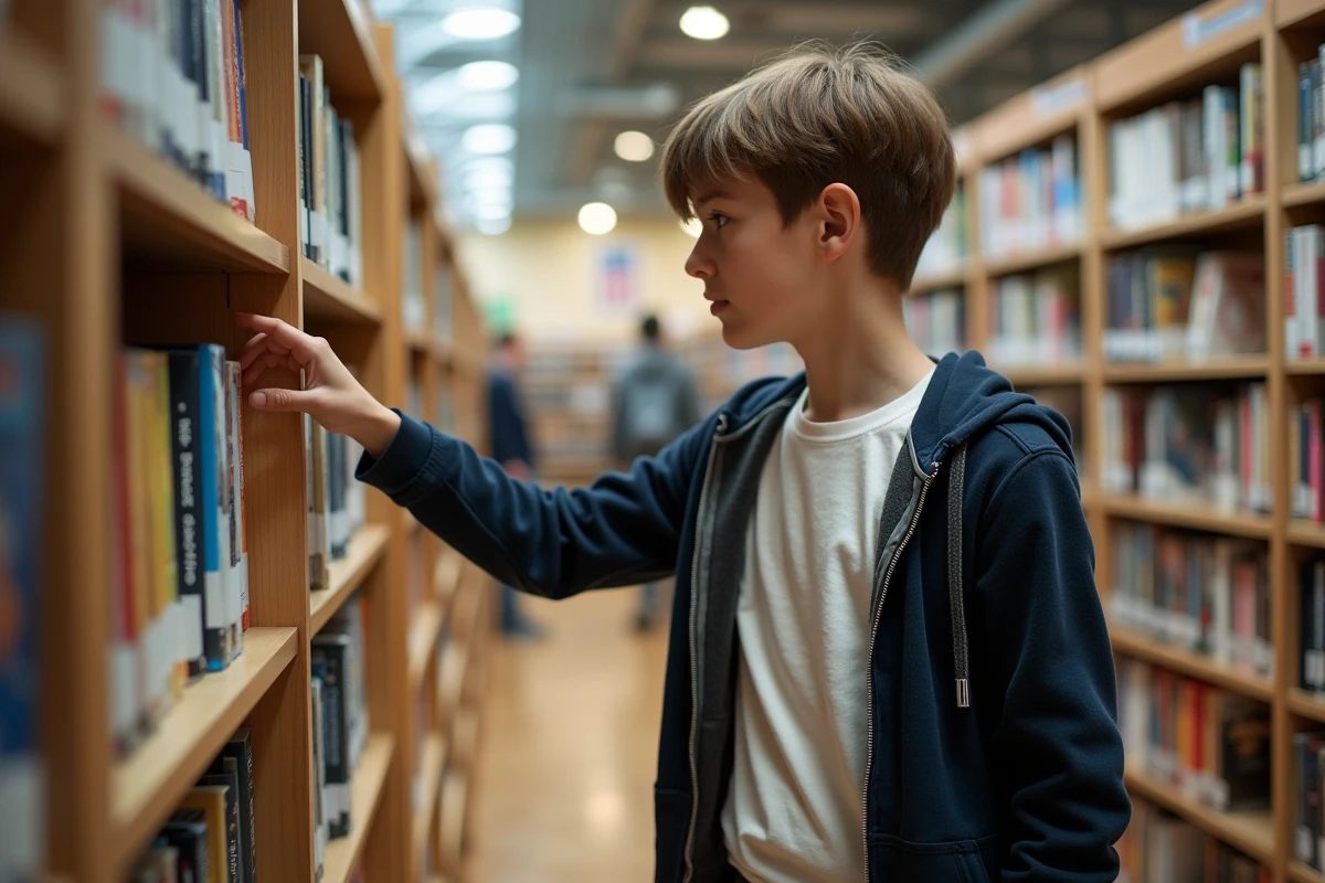 Adolescent cherchant un manga dans une bibliothèque