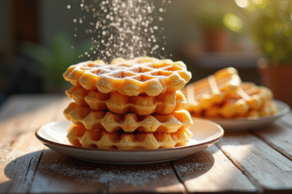 Gaufres dorées empilées sur une table en bois rustique