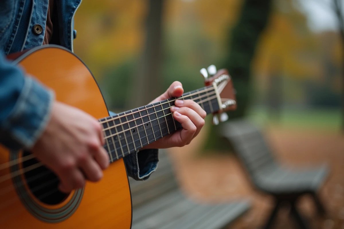 Gros plan sur les mains d'un guitariste jouant un accord de Mistral Gagnant sur guitare acoustique en extérieur