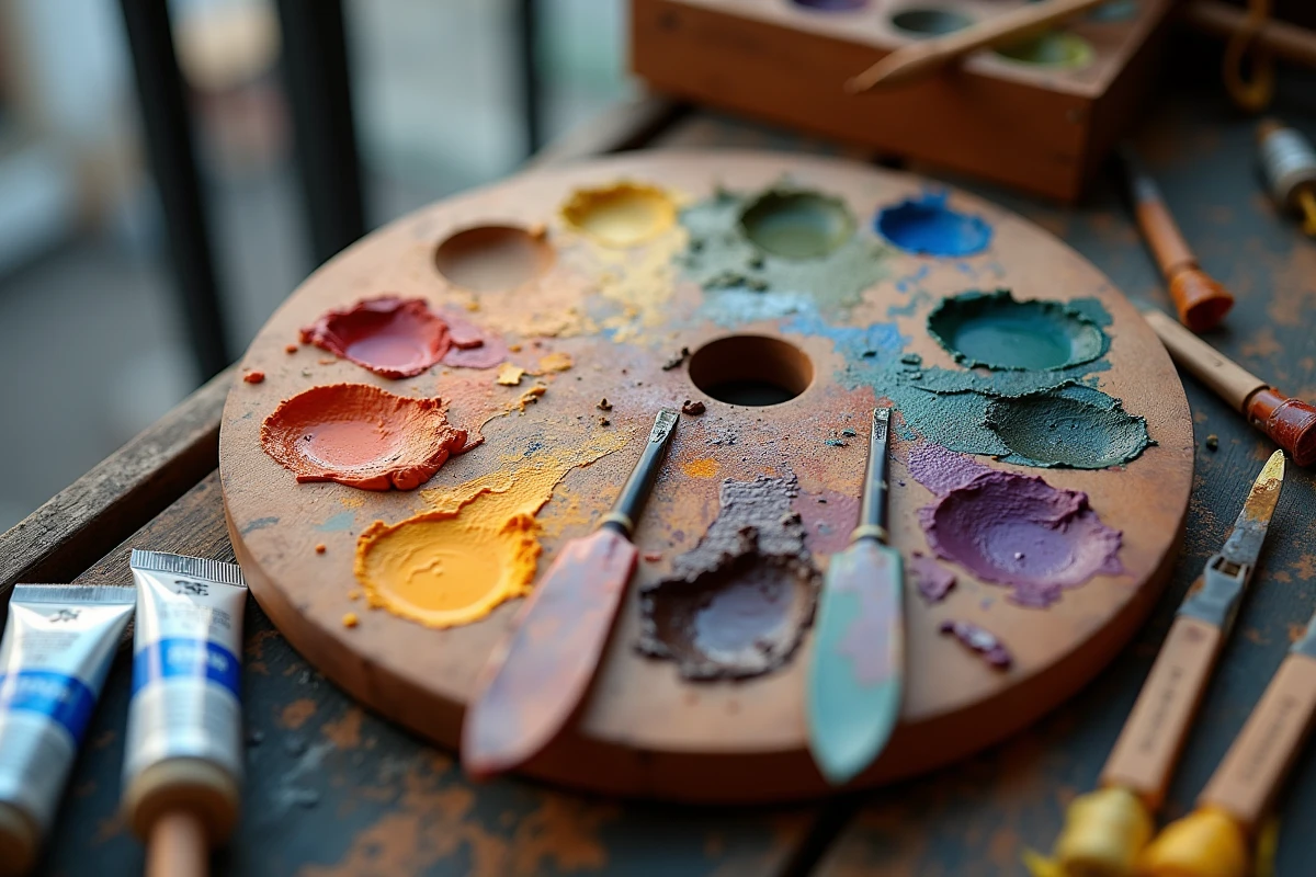 Gros plan d'une palette de peintre avec des mélanges de couleurs ratés pour obtenir du marron