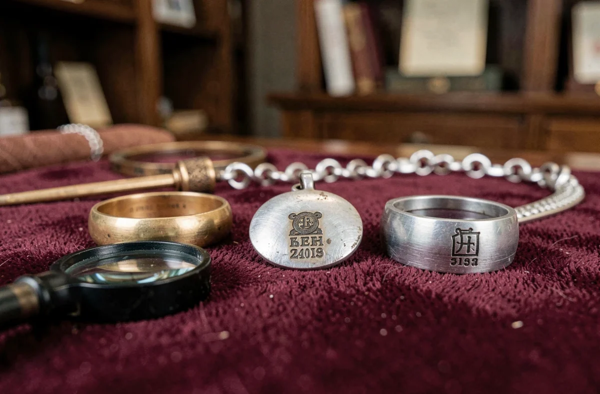 Gros plan sur des bijoux anciens avec poinçons visibles posés sur du velours bordeaux avec une loupe de bijoutier