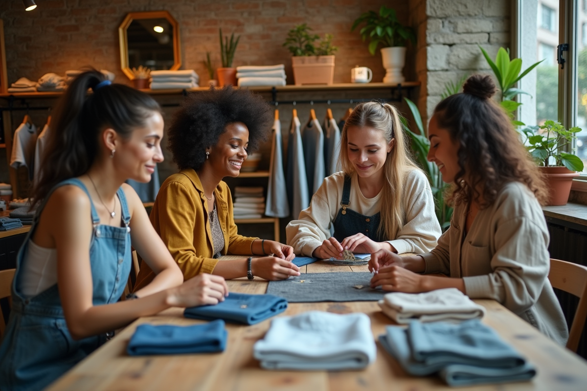 Groupe de jeunes adultes examinant étiquettes de mode durable