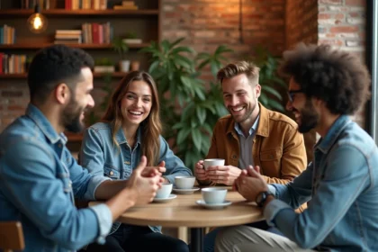 Groupe de quatre personnes souriantes dans un café urbain chaleureux