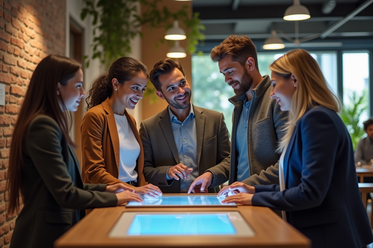 Groupe diversifié de clients utilisant un kiosque bancaire futuriste