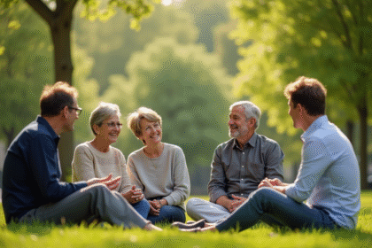Groupe divers d'adultes en plein air dans un parc ensoleille