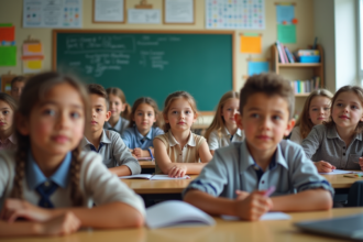 Enfants d'école primaire en classe moderne et accueillante