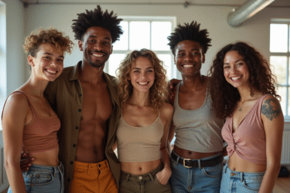 Groupe de jeunes adultes expressifs dans un loft lumineux