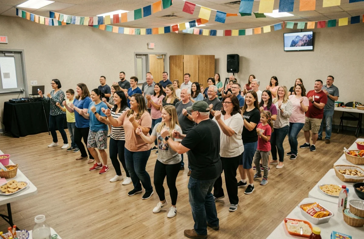 Groupe d'adultes et d'enfants dansant le madison en ligne dans une salle de fête décorée lors d'une fête de quartier