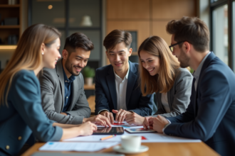 Groupe de professionnels en brainstorming dans un bureau moderne
