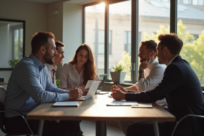 Groupe de professionnels collaborant dans un bureau lumineux