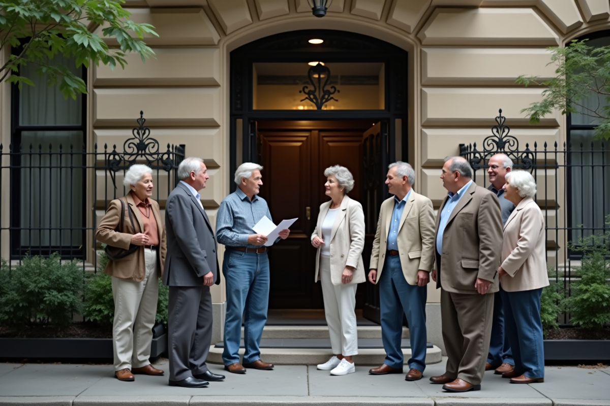 Groupe de seniors discutant devant un immeuble ancien