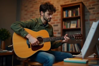 Jeune guitariste acoustique concentré sur des tablatures de Mistral Gagnant dans un studio maison chaleureux