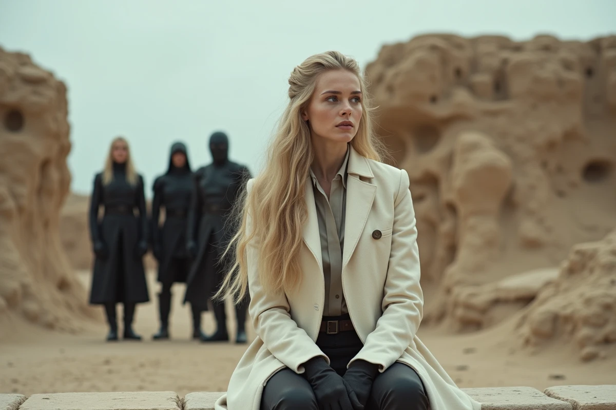 Femme blonde en manteau ivoire assise sur un rocher avec trois gardes en arrière-plan, évoquant le lien de loyauté entre Halibel et ses protégées