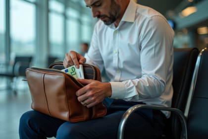 Homme d'affaires rangeant des billets euro dans sa valise