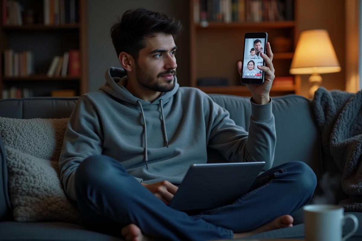 Homme passant un appel vidéo en famille depuis son salon la nuit pour joindre Washington malgré le décalage horaire