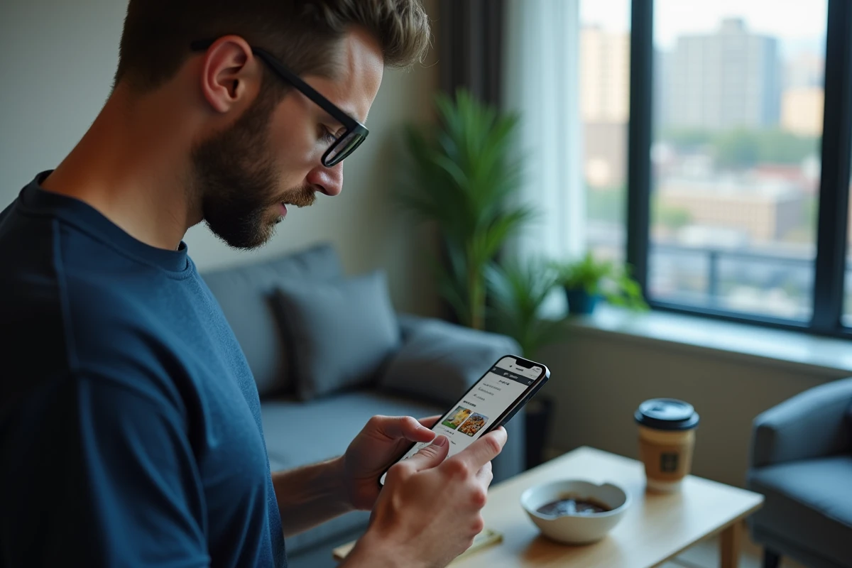 Homme consultant l'application Uber Eats sur son smartphone pour trouver un numéro gratuit de contact client en France
