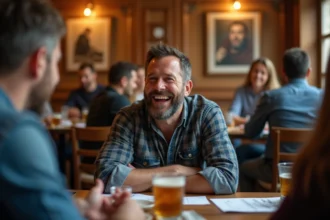 Homme d'âge moyen riant dans un café convivial