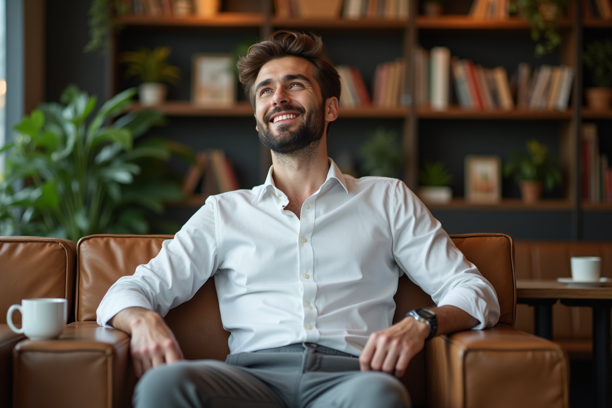 Homme détendu assis dans un café cosy